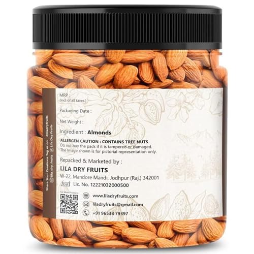 Image of LILA DRY FRUITS Almonds 100 grams | California Almond Raw and Natural Badam for Healthy Snacking | Almond for Cooking, Dieting & Breakfast | High In Minerals | Badaam Dry Fruits Perfect for Gifting