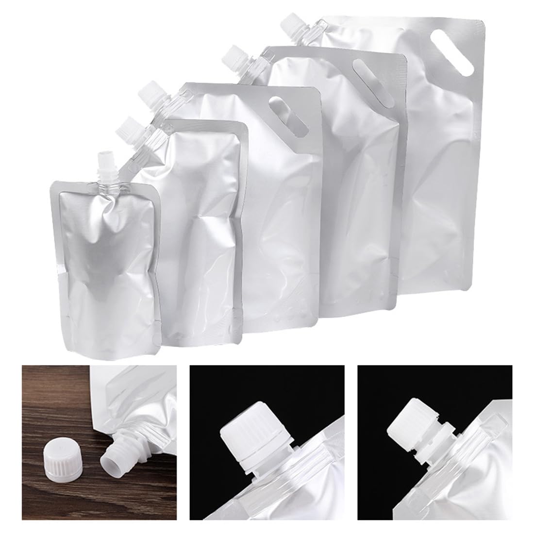 アルミ製遮光スパウトパウチ 1000ml 100枚　キャップ付き Amazon｜パウチ 容器 アルミ スパウト付き 飲み物密封 キャップ