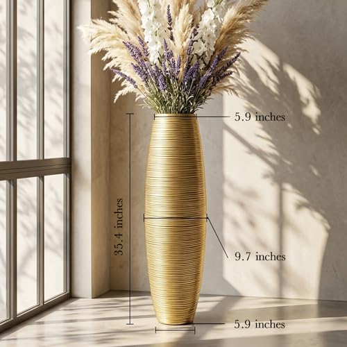 Image of Large Floor Vase 35.4 inch Gloss Gold, Resin Wide-Body Vase with Horizontal Ribbed Texture for Dried Pampas Grass Branches, Modern Home Decor for Living Room Corner Entryway