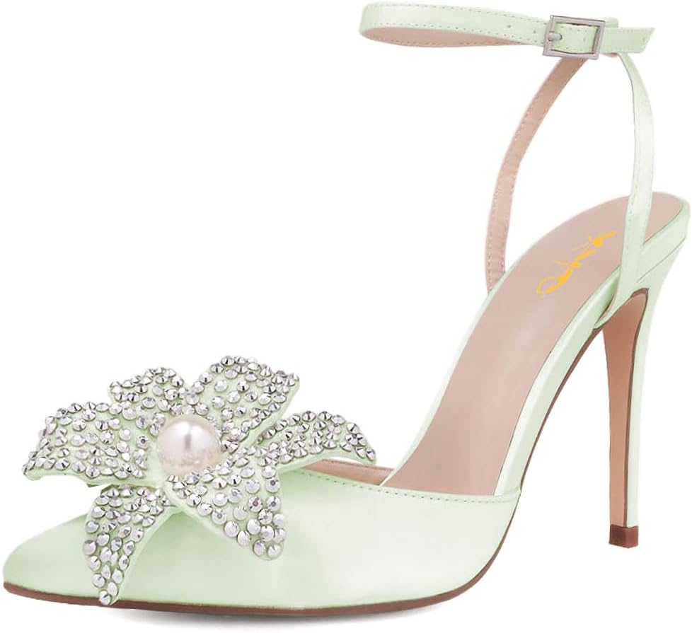 XYD Women Ankle Strappy Pearl Rhinestones Pumps Crystal Flower Pointed Toe Stiletto Heel Sandals Party Prom Shoes