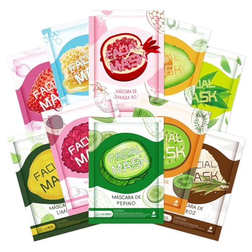 10 Sheet Face Mask Set - Face Masks Skincare - Fruit Plant Sheet Mask Brighten Hydrating Smoothing and Improve Dullness - for Teenage Girls Women