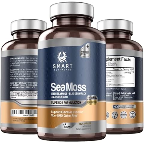 Smart Nutra Labs Organic Sea Moss 3200MG Per Serving- 180 Vegan Capsules- Irish Sea Moss, Bladderwrack and Burdock Root- Premium Quality Supplement for Immune Support and Overall Health Cover
