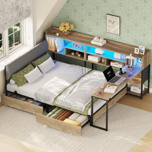 Dnxao Space Saving Corner Bed Frame Twin with Storage & Desk,Twin...