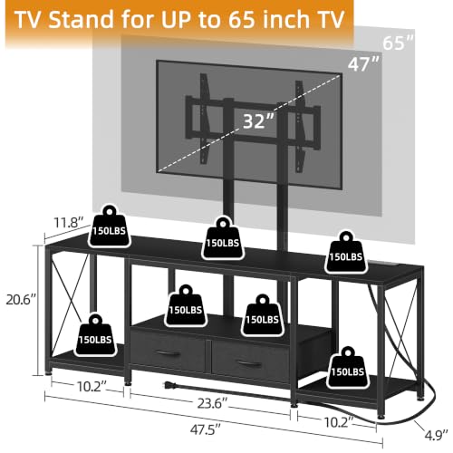 Image of GYIIYUO LED TV Stand with Mount and Power Outlet & Fabric Drawers for 32-85 Inches TV - Entertainment Center and Industrial TV Console Table for Living Room, Bedroom- 47.5 inch Black