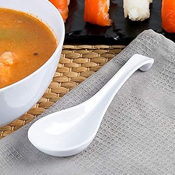 6 White Spoons, 6 Black Chopsticks, By Vallenwood. 12 Pieces Asian Soup Spoons. Not Overpriced. Unbreakable Melamine. Perfect For Japanese And Chinese Food: Ramen, Wonton, Sushi, Miso, Rice, Pho Soup.