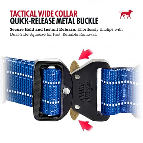 Image of Tuff Pupper Tactical Dog Collar | Heavy Duty 1.5 inch Wide Ballistic Nylon | Training Control Handle | Quick-Release Metal Buckle | Reflective Bands | ID Tag Holder | Padded Inner Lining (Blue, Large)
