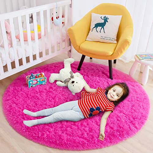 Iseau Fluffy Round Rug Carpets, Modern Shaggy Circle Rug For Kids Bedroom Extra Comfy Cute Nursery Rug Small Circular Carpet For Boys Girls Room Home Decor Area Rug, 4Ft Rugs, Hot Pink #TOP2