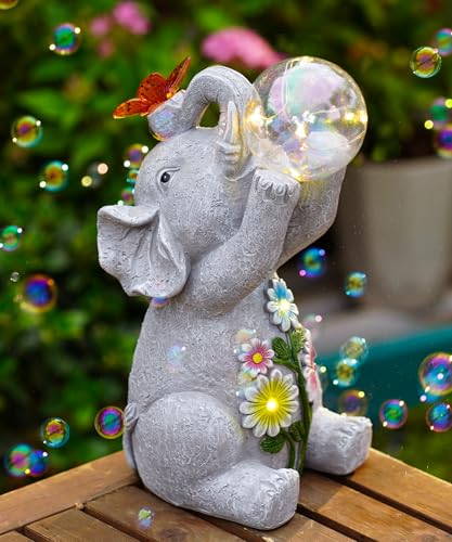 Yeomoo Elephant Statue with Solar Bubble Garden Ornaments - Outdoor Waterproof Sculpture with Butterfly Lights Yard Balcony Lawn Porch Decor - Gifts for Women Mum Birthday Gifts
