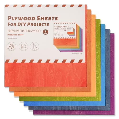 Wowood 7 Pack Colored Plywood Sheets, 12 x 12 x 1/8 Inch, 3mm Basswood for Laser Cutting and Engraving, Thin Plywood Board Blanks for Architectural Models and DIY Wood Crafts