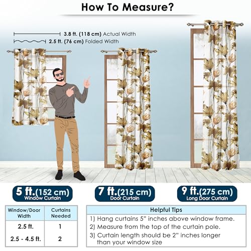 Image of Window Curtains 5 Feet Long Set of 10 | Floral Design | Polyester | Light Filtering Curtains | Curtains for Living Room | (118 x 152 cm, Off White & Brown) | Perfect for Home Decor
