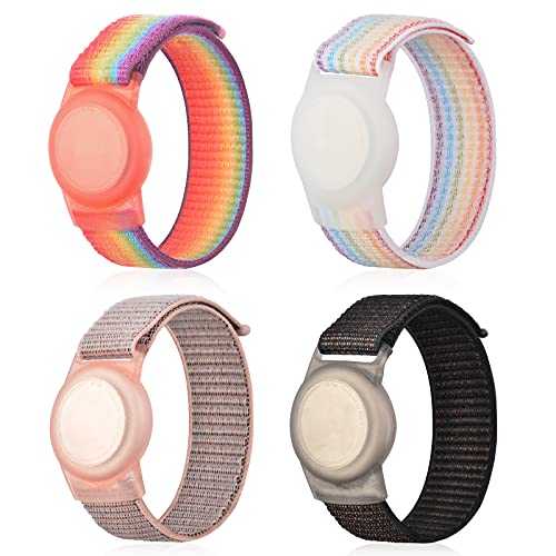 4 PC Kids Wristband for Airtag, Breathable Adjustable Nylon Velcro Strap Case Bracelet Cover for Apple Air tag, Anti-Lost GPS Tracker Watch Band for Children, Boys, and Girls (black/pink/2rainbow)