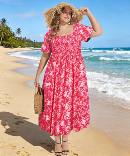 Image of RITERA Plus Size Dresses for Curvy Women Square Neck Short Sleeve Summer Floral Smocked Maxi Dress with Pocket XL-5XL