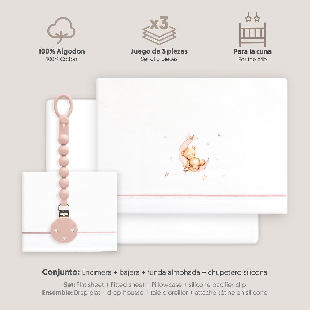 Danielstore Sabanas Cuna 60x120 Algodon 100% Bebé-Primavera- Verano- Otoño Fabricadas en España (Incluye Sabana Bajera+encimera+Funda Almohada). (0.0.0 Oso Luna Rosa)