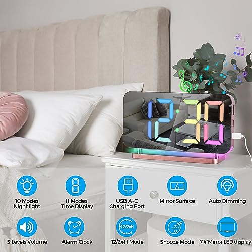 SZELAM Digital Clock,Alarm Clock Bedside,7.4''LED Mirror with 10 Modes RGB Night Light,11 Colors LED Display,Auto Dimming,USB C Charging Port,5 Levels Volume Desk Bedroom Teens, Rose Gold SZELAM Digital Clock,Alarm Clock Bedside,7.4''LED Mirror with 10 Modes RGB Night Light,11 Colors LED Display,Auto Dimming,USB C Charging Port,5 Levels Volume Desk Bedroom Teens, Rose Gold