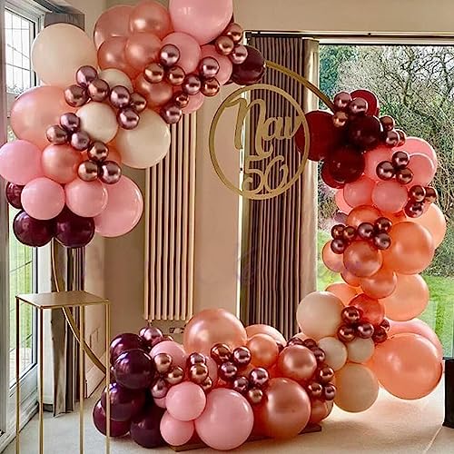 Image of Burgundy Red and Pink Balloons, 60 Pack 12in Rose Gold Wine Red Light Pink White Latex Balloon Metallic Rosegold Confetti Helium Party Balloons for Women Girls Birthday Wedding Anniversary Decorations
