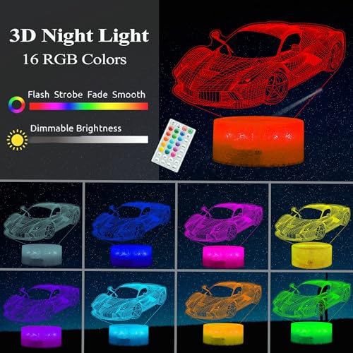 Image of Car Gifts for Men, Racing Vehicle Night Light with Remote Control, 16 Colors Changing, Timer, RGB Flashing Mode and Dimmable, Cool Gifts for Boys Christmas Decor