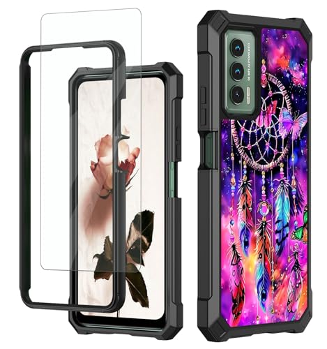 RAUEDWDJS for Cricket Outlast Case,At&t Jetmore Phone Case with Glass Screen Protector,Heavy Duty Hard PC & Soft TPU Bumper Shockproof Protective Phone Case for Cricket Outlast-Purple Dream Catcher