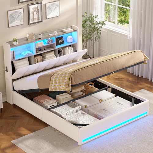 AOGLLATI King Size Ottoman Bed Frame,5ft Upholstered Storage Bed with Hydraulic Storage and Charging Station Upholstered Platform Bed frame with Storage Headboard & Led Lights(Beige, King-150x200cm)