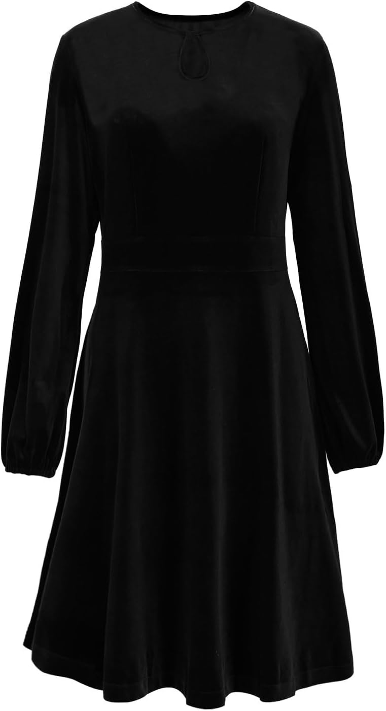 Lmdudan Women's Casual Midi Dresses Long Sleeve Velvet Round Neck A Line Pleated Tunic Dress Fall Winter Loose Work Clothes
