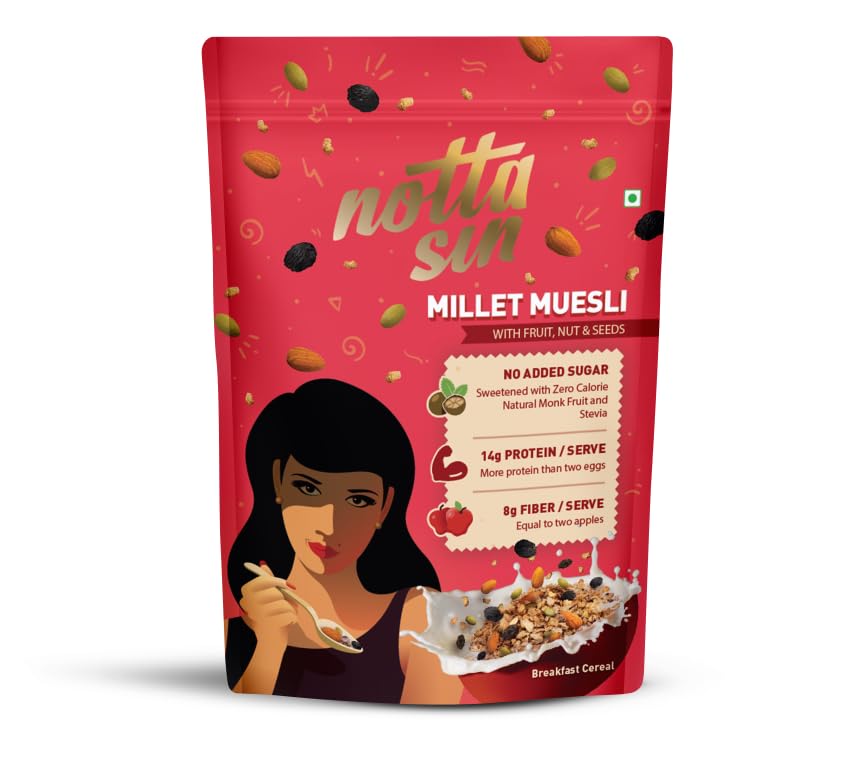 Image of Notta Sin Millet Muesli with Fruit, Nut & Seeds- High Protein Breakfast Cereal | No Added Sugar: Contains Zero Calorie Natural Monk Fruit & Stevia | High Fiber | Made with Jowar, Bajra & Ragi | 300g