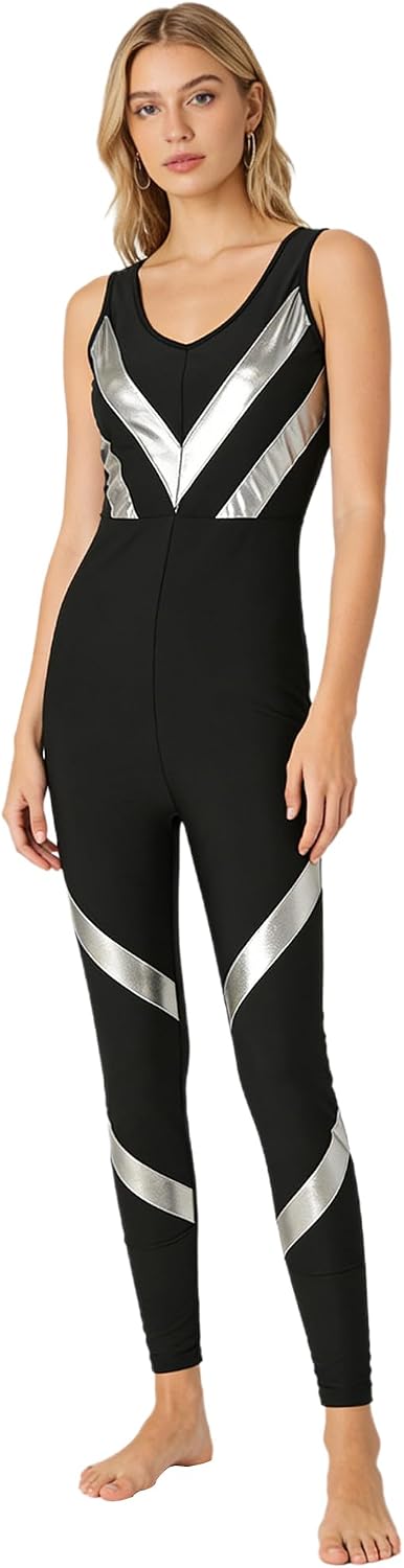 Freebily Adult One Piece Jumpsuits Gym Full Body Suits Gymnastics Leotard Unitard Yoga Jumpsuit for Figure Skating