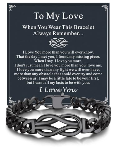 Bandmax Bracelet Gift to My Love Man Black Metal Chunky Cuban Link Chain Bracelet Hand Chain with Infinity Love Knot Pendant 8 Inch Gift for Anniversary Valentine Birthday Christmas