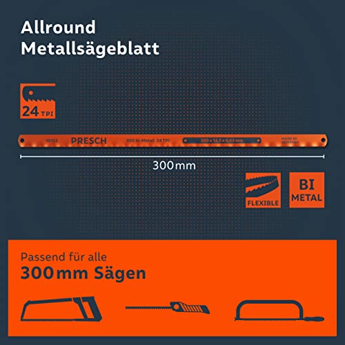 Presch Metallsägeblatt Set 300mm 4 Stk. - Original PUK Sägeblätter für Handsägen - Bi-Metallsägeblatt mit HSS Schneide für NE-Metalle (Kupfer), Edelstähle, Plexiglas, Kunststoffe