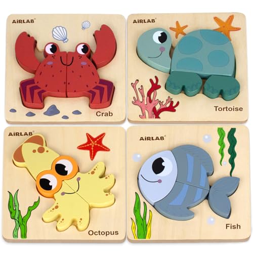 Image of Wooden Puzzles for Toddlers Ocean Animals Montessori Toys Year Old Baby Girl Boy Gifts Educational Learning Bright Color Chunky Shape Puzzle Pack of 4