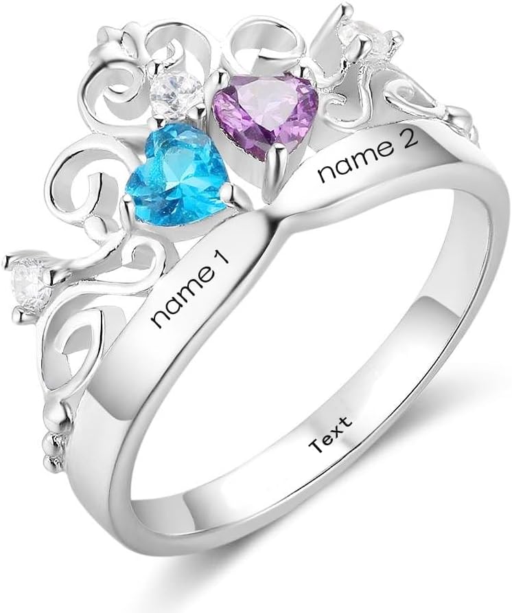 Natural Diamond 10K 14K 18K Solid Gold Personalized 2 Birthstones Ring Mother Ring Custom Couple Names Ring Real Gold Engraved Two Names Ring for Women Couple Wife Mom Birthday Mother's Day Gifts