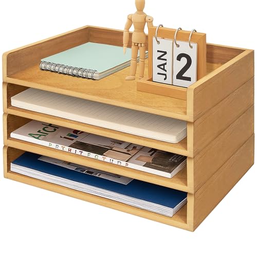 PROLEE Wooden Paper Tray Organizer for Desk, Stackable Paper Holder and Letter Tray, 4-Tier Desktop File Storage Rack for Study,Home and Office (Oak, 14" x 9.5" x 2.5")