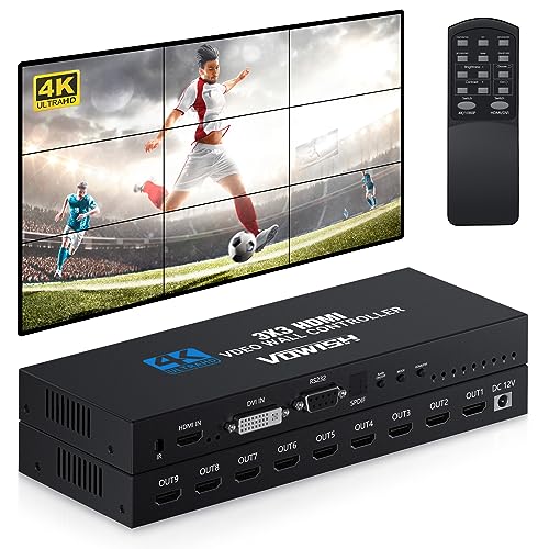 Vowish Video Wall Controller 3x3 4K, TV Wall Processor with 13 Display Modes, HDMI & DVI Input, 180 Degree Rotate, RS232 Control for Sports bar, Restaurant, School, Company, Home Theater, Mall