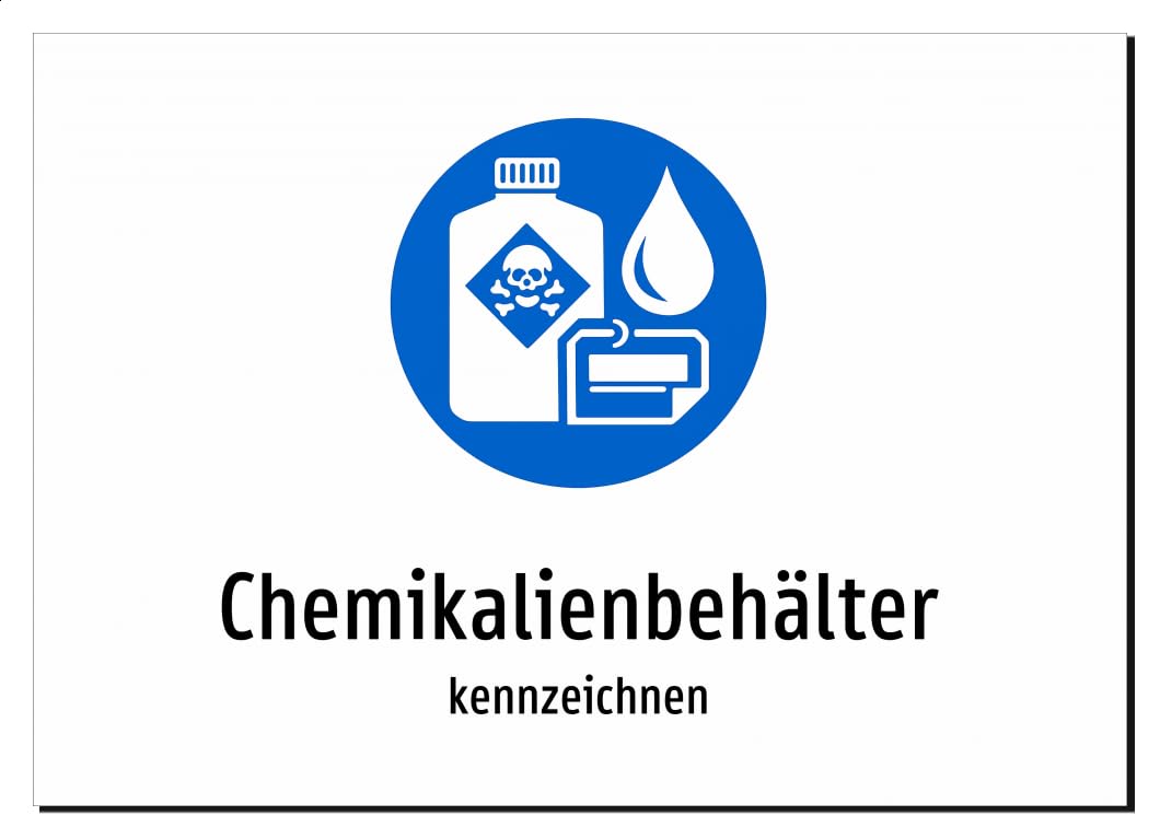 Chemikalienbehälter - kennzeichnen | Aluminiumschild A4, 297 x 210mm | mit Symbolgrafik und Text