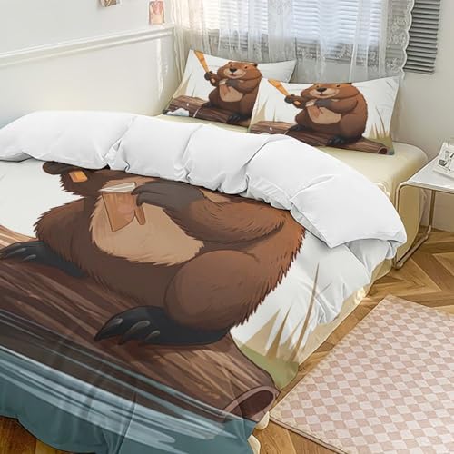 BBNMSJKS Beaver Working Printed Duvet Cover Sets with Pillowcases, 3 Pieces Thickened Bed Bedding Set with Zipper for Home Hotel,90x90