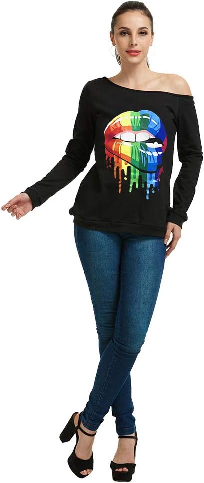 MAGICMK Woman’s Sweatershirt Lips Print Causal Blouse Off The Shoulder Long Sleeve Loose Slouchy Pullover Plus Size Tops - Image 7