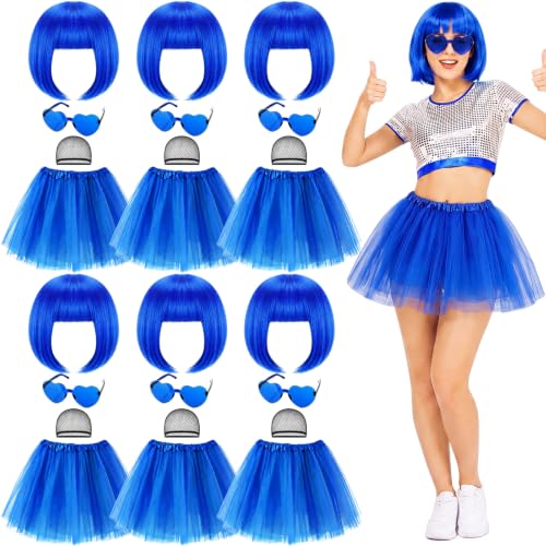 Image of 24 Pcs 6 Sets Wigs Tutus Glasses for Women Costume,Royal Blue,Straight