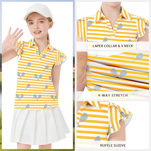 Image of Soneven Girls Ruffle Sleeve Polo Shirts V-Neck Golf Tennis T-Shirts Uniform Shirts Quick Dry for 4-14 Years