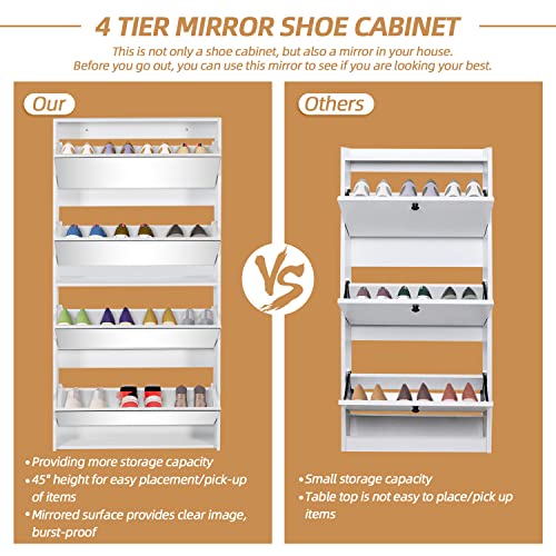 Shoe Storage Cabinet For Entryway Slim, White Wood Shoe Rack Organizer With 4 Flip Mirror Drawers, Freestanding Modern Narrow Shoes Storage Cabinet, Apartment, Living Room #TOP4