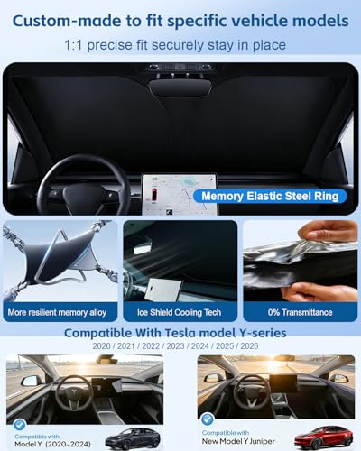 Image of Tesla New Model Y Accessories Windshield Sunshade,2020~2025 2026 for Model Y Juniper Window Shades, Foldable Heat & UV Reflective Sun Visor with Storage Bag,Silver Coating