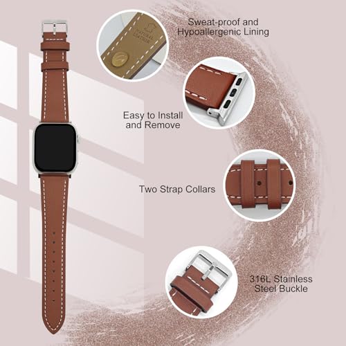 2 Pack Genuine Leather Bands (Brown and Beige) Compatible with Apple Watch Band for Women Men 42mm 41mm 40mm 38mm, for iWatch Series 10 9 8 7 6 SE 5 4 3 2 1