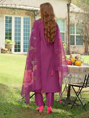 Image of INDO ERA Women's A-Line Cotton Blend Floral Embroidered Kurta & Pant With Dupatta Set (IEOUT11375)