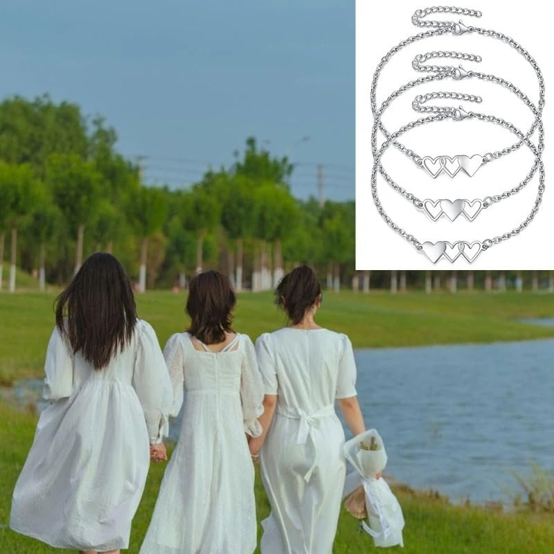 925 Sterling Silver 3Pcs Best Friend Forever Bracelets For Women - Matching BFF Bracelets For Heart Bracelets for 3 Way Friendship Bracelets For 3 Bestie BFF Jewelry Gifts For4