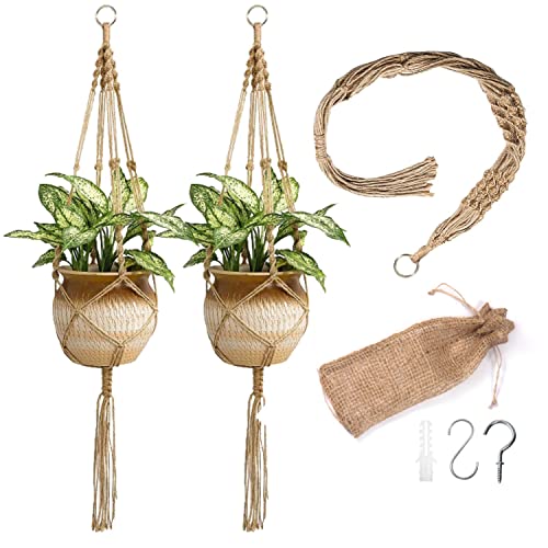 Lang Horn Colgador de macramé de 105 cm de Largo, Maceta Colgante para Puertas Interiores y Exteriores con Gancho, terraza de jardín, Colgador para macetas, Cuerda de algodón (2 Piezas de Yute) Cover