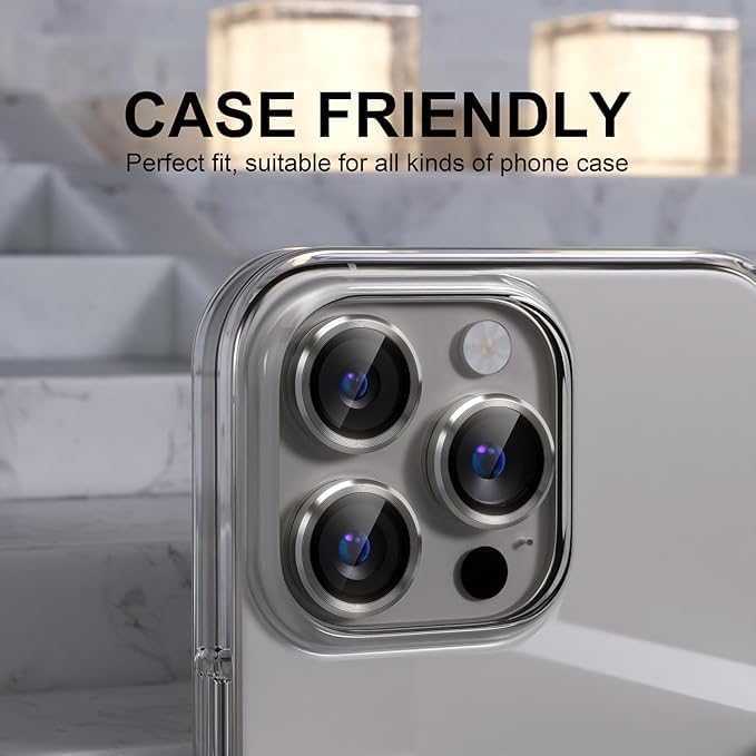 Image of PACK OF 2 Titanium Camera Lens Protector for iPhone 16 Pro / 16 Pro Max / 15 Pro / 15 Pro Max GREY 9H Tempered Glass, Scratch & Drop Resistant Camera Guard, HD Clear, Case Friendly Waterproof Camera Lens Cover