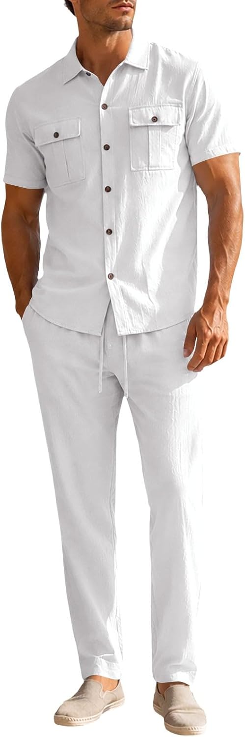 HJINGSUN Men Summer Outfits Linen Button Down Shirt Sets | Weekend Travel, Casual Hangouts, Music Events, Resort Lounging, Warm-Weather Strolls, Vacation Photo Moments, Social Meetups