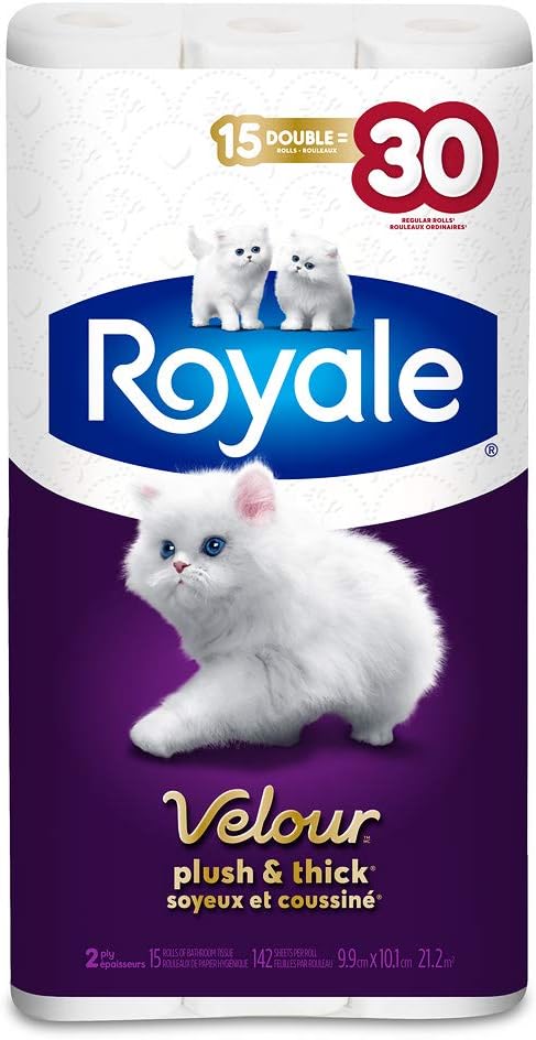 Royale Velour Plush and Thick Toilet Paper, ultra soft, 15 Double Rolls, 142 Sheets Per Roll, Soft Bathroom Tissue, Hypoallergenic