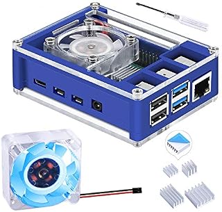GeeekPi Raspberry Pi 4 Case, Raspberry Pi 4 Case with Fan 40X40X10mm (Blue Backlight) and 4pcs Raspberry Pi 4 Heatsinks for Raspberry Pi 4 Model B (Blue&Clear)