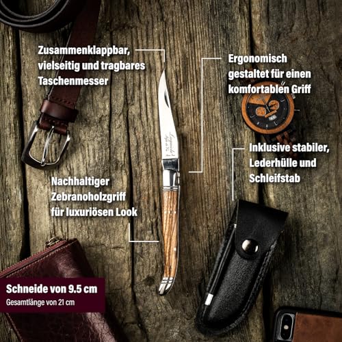 Laguiole Style de Vie Taschenmesser mit Wetzstahl & Ledertasche, Zebranoholz, mit Geschenkbox – Ansicht 5