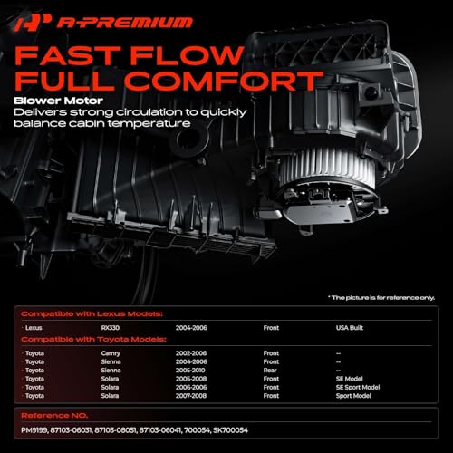 Image of A-Premium Front HVAC Heater Blower Motor Compatible with Toyota Camry 2002-2006, Sienna 2004-2006, RX330 2004-2006, Solara 2004-2008, with Fan Cage, Replace# 8710306031, 8710306041
