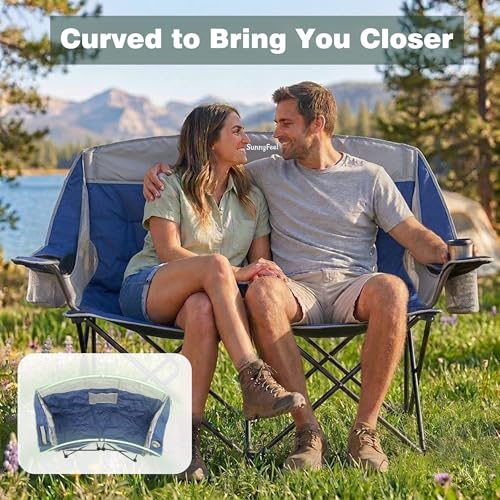 Image of SunnyFeel Double Camping Loveseat Chair, Blue-Cooler, Foldable, Portable, Space Saving, Side Pocket, Cup Holders