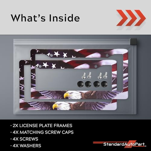 Image of StandardAutoPart American Flag License Plate Frames - Plastic USA Flag Car Tag Holder with Screws Caps and Patriotic Decals - Universal Fit (American Flag Eagle - 2 Pack)